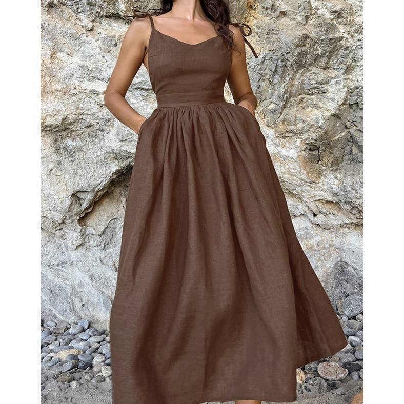 IN HIS DREAMS SLEEVELESS TIE SHOULDER MIDI DRESS