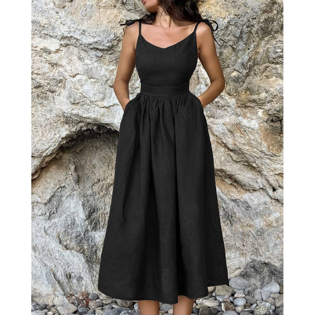 IN HIS DREAMS SLEEVELESS TIE SHOULDER MIDI DRESS