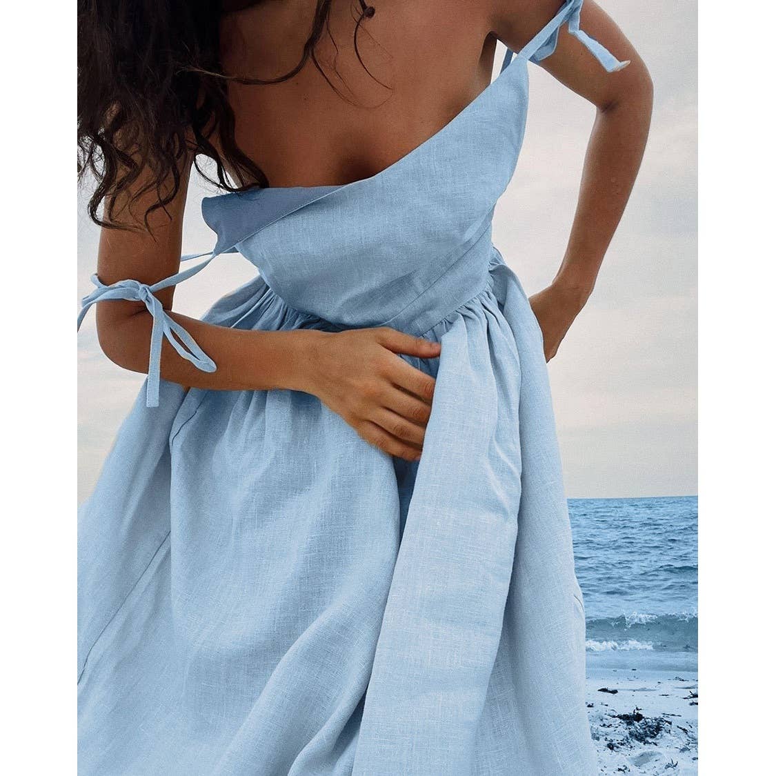 IN HIS DREAMS SLEEVELESS TIE SHOULDER MIDI DRESS