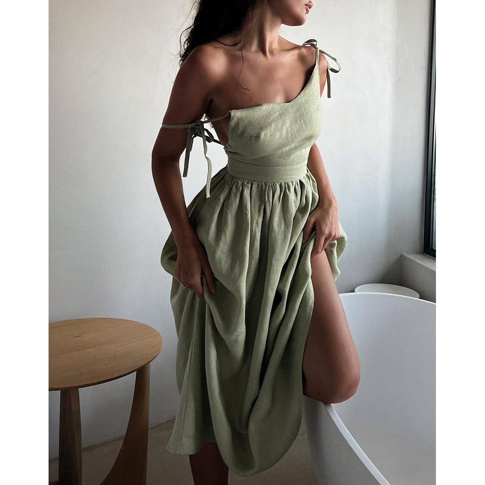 IN HIS DREAMS SLEEVELESS TIE SHOULDER MIDI DRESS